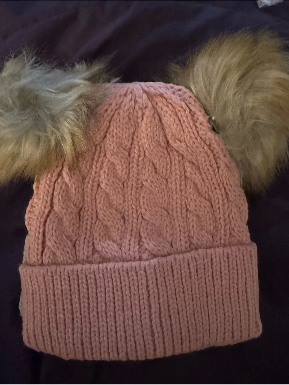 Baby Winter Hats In Cream, Pink & Tan With Double Pom Poms